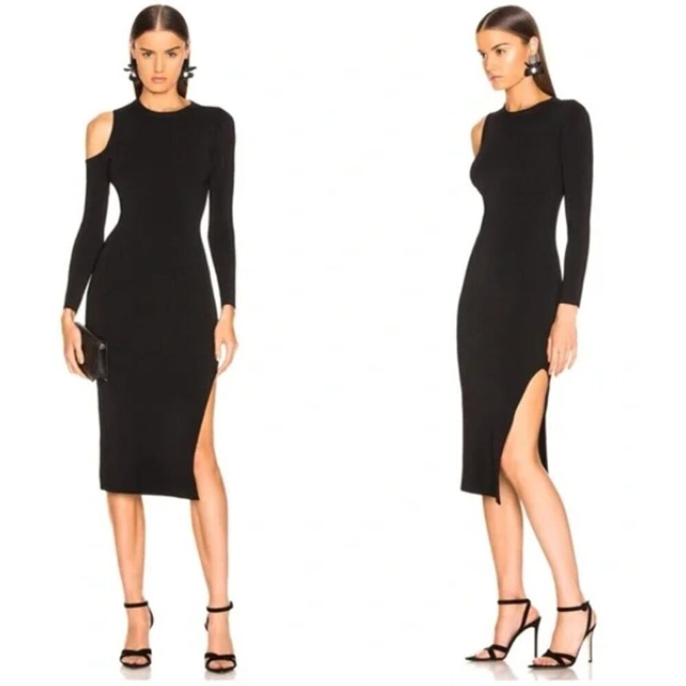 Revolve Nicholas Compact Shoulder Cut Out long sleeve slit black Midi Dress 6